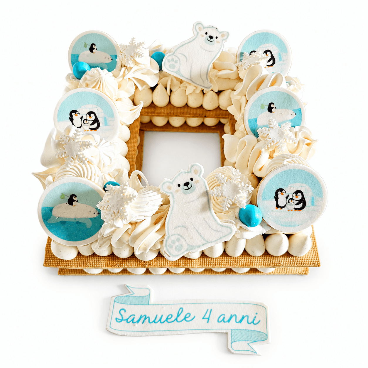 Frame Cake quadrata bianca e azzurra con orsi polari, pinguini e fiocchi di neve