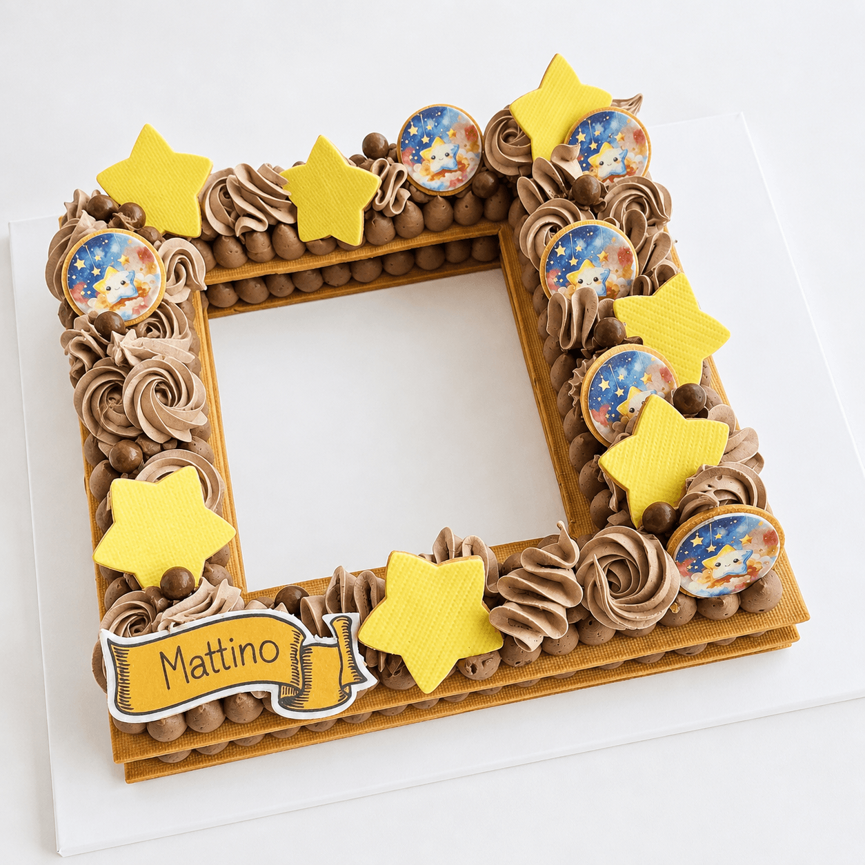 Frame Cake quadrata al cioccolato con stelle gialle
