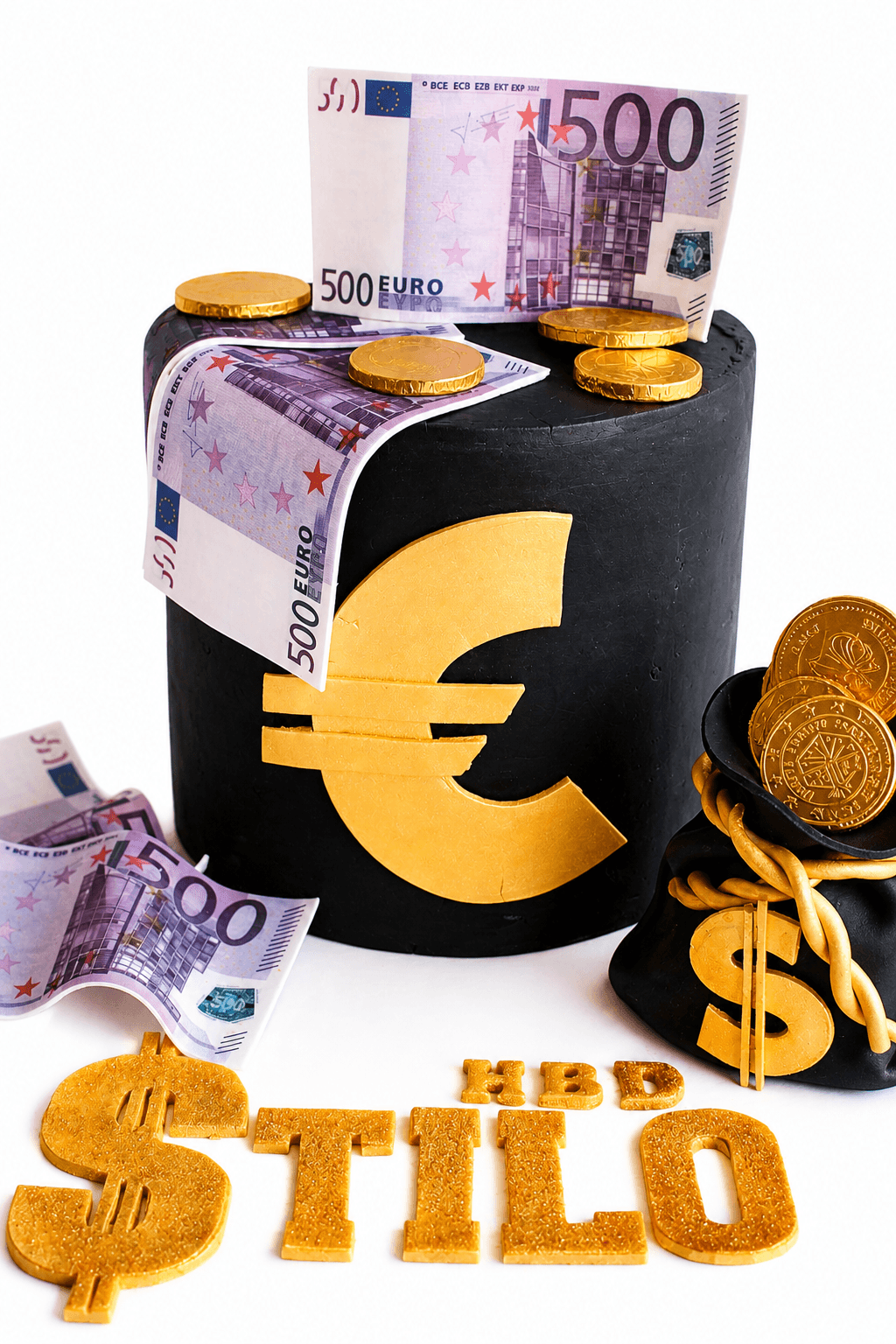 Torta nera con simbolo dell'euro e decorazioni a tema denaro