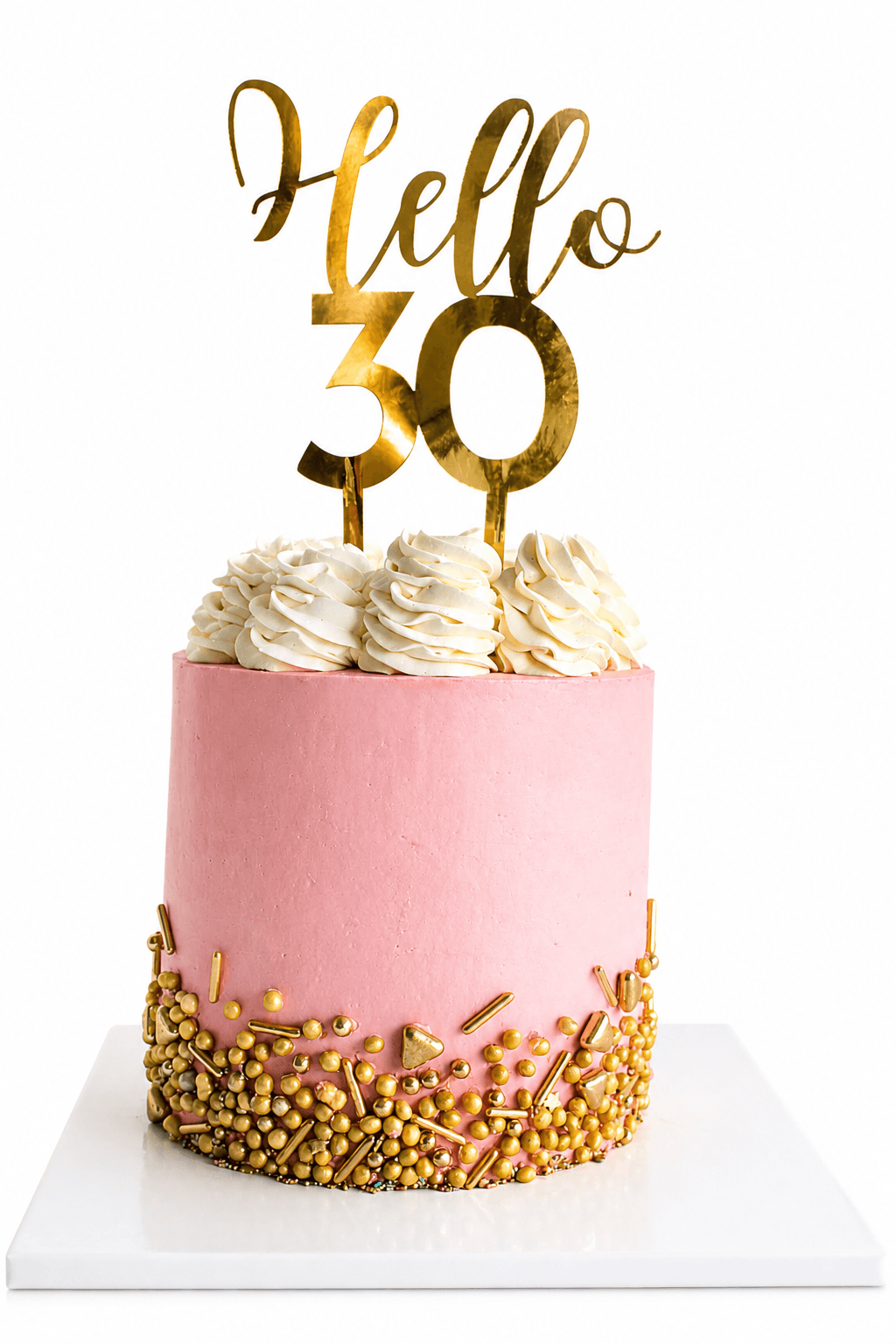 Torta rosa con decorazioni dorate e topper Hello 30