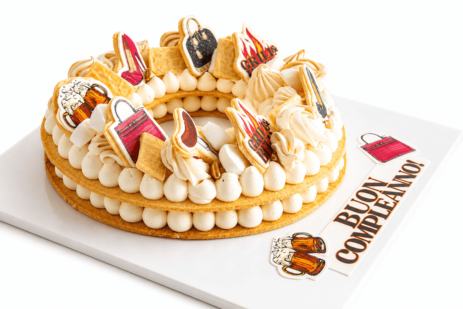 Torta ad anello con biscotti decorati a tema griglia e borse