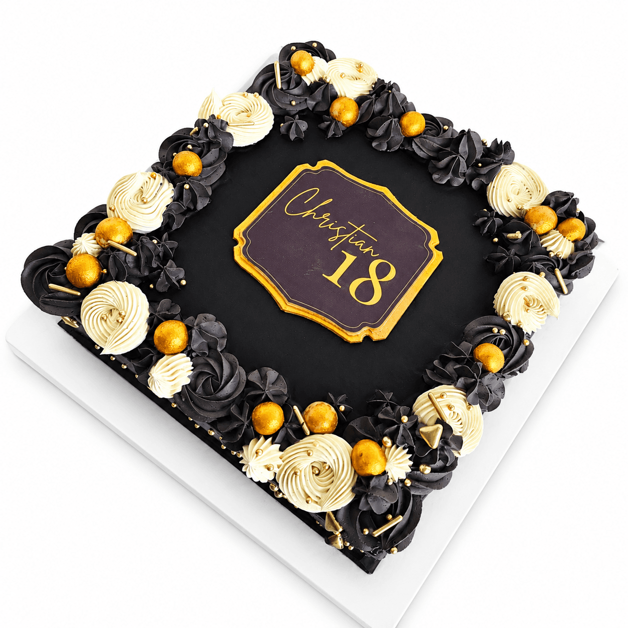 Torta quadrata nera con decorazioni bianche e dorate per i 18 anni